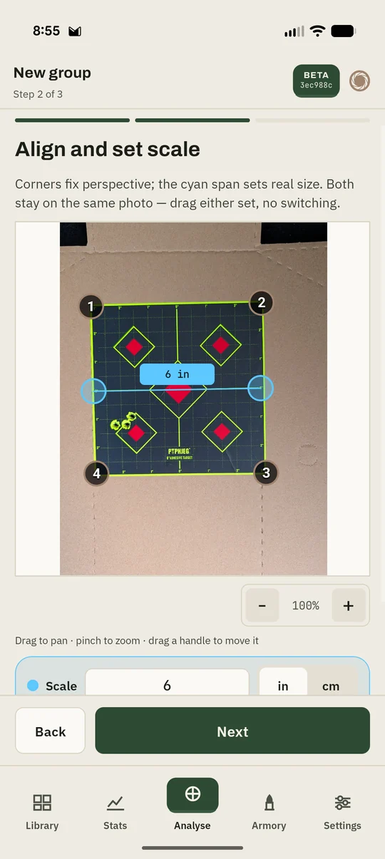 Cold Bore screen: Align and set scale, with four corner handles and a 6 inch scale line on the target