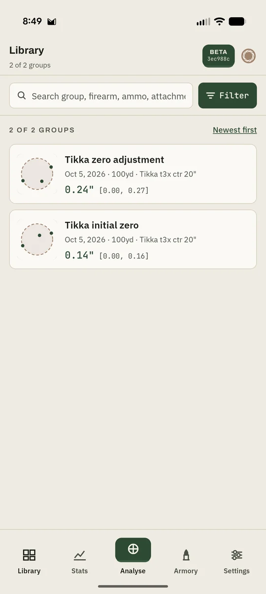Cold Bore Library screen listing saved groups with their mean radius