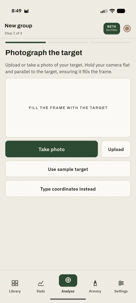 Cold Bore screen: Photograph the target, with Take photo and Upload buttons